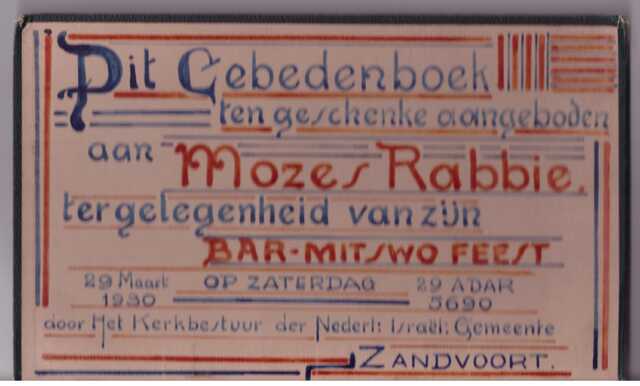 Geschenk Joodse Gemeente Zandvoort aan Mozes Rabbie