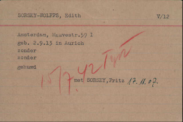 Sorsky Fritz en Wolffs Edith en zoon Hans kaart Joodsche Raad Edith.jpg