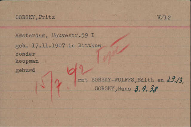 Sorsky Fritz en Wolffs Edith en zoon Hans kaart Joodsche Raad Fritz.jpg
