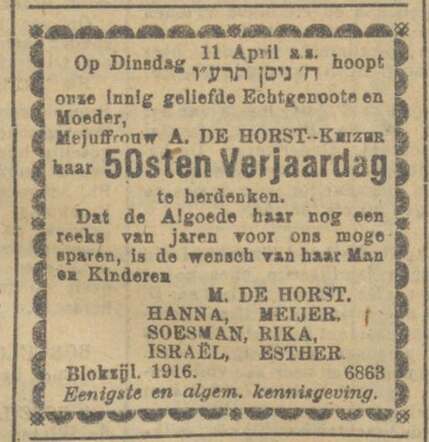 De Horst, Israel, 1916.04.07, 50st verjaardag van zijn moeder.jpg