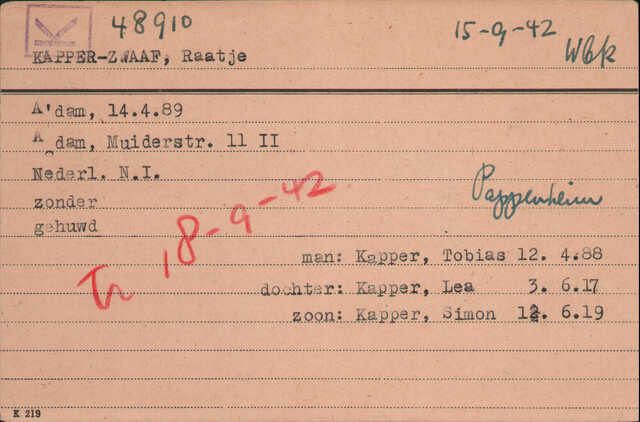 Archiefkaart Joodse Raad Raatje Kapper - Zwaaf geboren 12-04-1888.jpg