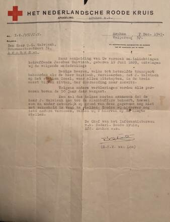 Bevestiging van het Roode Kruis van het overlijden van Jacobus Walvisch in Auschwitz.