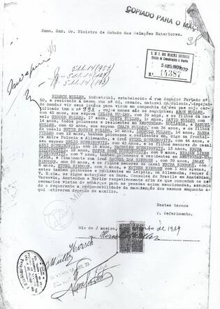 Brief van Hirsch Muller uit Rio de Janeiro, Brazilië, waarin hij probeert een visum voor in Europa achtergebleven familieleden te krijgen.