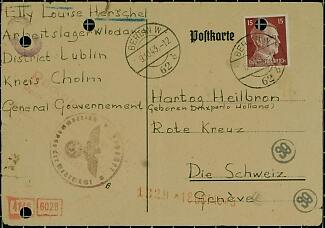Briefkaart-uit-Sobibor_van_Elly-Herschel_aan_neef-Hartog-Heilbron-in-Zwitserland_dd_28-08-1943_adreszijde_afgestempeld_09-10-1943.jpg