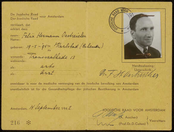 Fietspas van de Joodsche Raad voor Felix Hermann Oestreicher