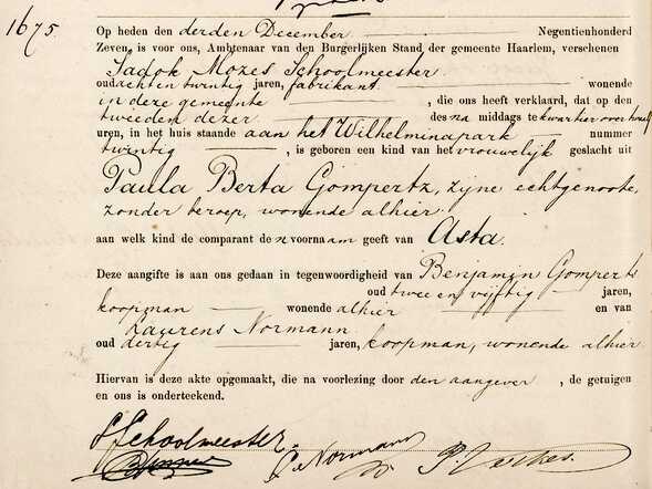 Geboorteregister Haarlem 1907-12-02 - SCHOOLMEESTER, Asta, dochter van Sadex Mozes & Paula Berta GOMPERTZ.jpg