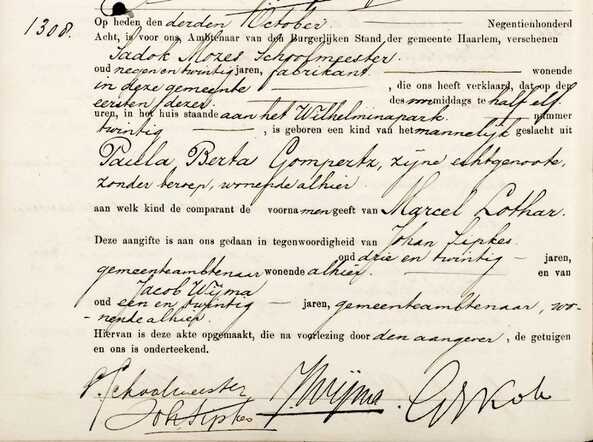 Geboorteregister Haarlem 1908-10-01 - SCHOOLMEESTER, Marcel Lothar.jpg