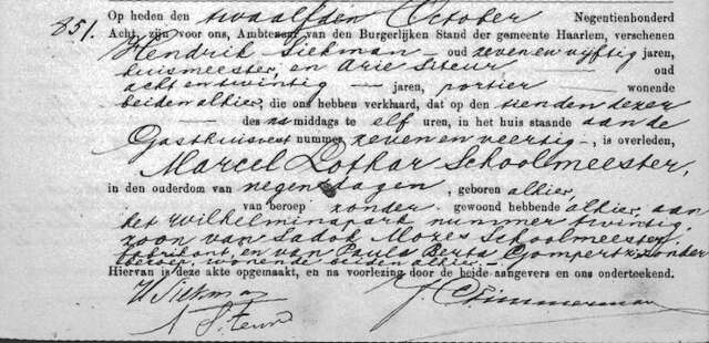 Overlijdensregister Haarlem 1908-10-11 - SCHOOLMEESTER, Marcel Lothar.jpg