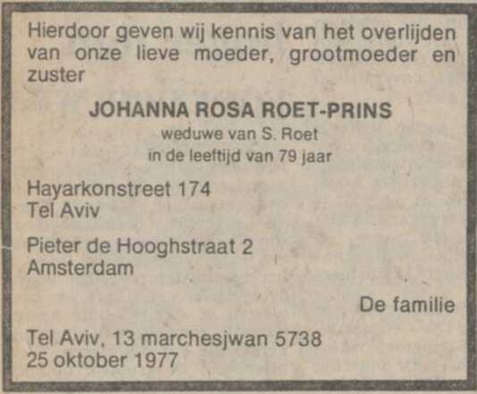 NRC Handelsblad 27-10-1977  Overlijdensadvertentie Johanna Rosa Roet-Prins.png
