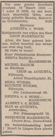 Overlijden Augusta van Wien 1938