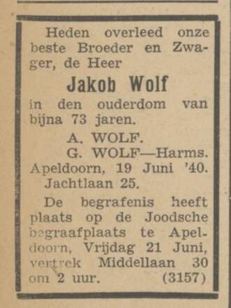 Wolf, Abraham, 1940, Overlijden broer Jakob.jpg