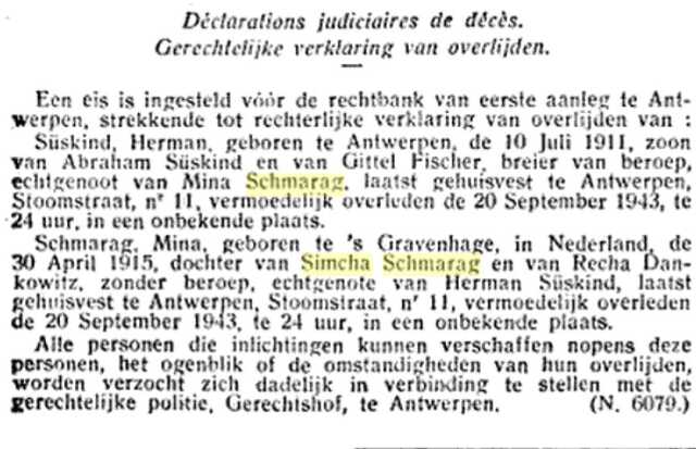 Mina Schmarag en Herman Süskind verkalring Belgisch Staatsblad.png