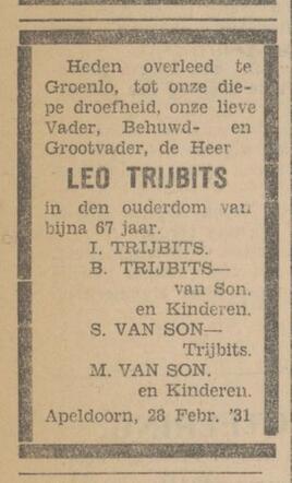 Trijbits, 1931.02.28, Overlijden familielid Leo Trijbits (NAC).jpg