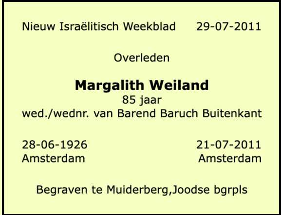 Overlijdensadvertentie van Margalit Weijland
