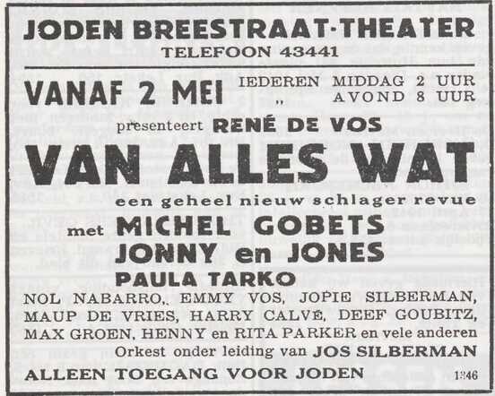 Aankondiging voor het Joden Breestraat theater met Johnny and Jones!