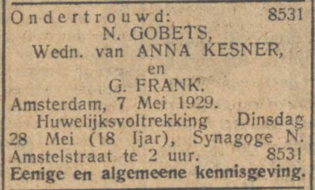 Ondertrouwbericht van Nathan Gobets en G. Frank.