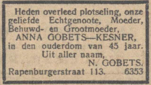 Overlijdensbericht van de moeder van Michel Gobets.